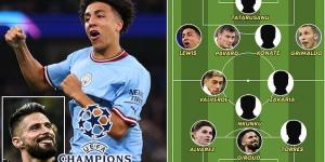 Olivier Giroud becomes oldest player to net a brace for AC Milan in 12 years, Rico Lewis makes history as second youngest English goalscorer, and Federico Valverde shines again for Real Madrid... so which stars make our Champions League team of the week?